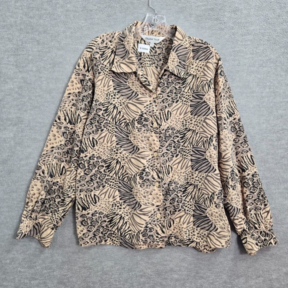 VINTAGE Elizabeth Terrell Women Top Large Brown Silk Animal Print Button‎ Up